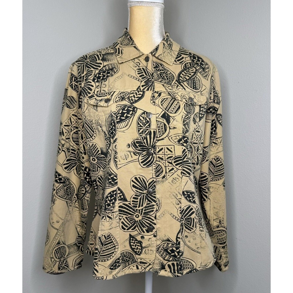 Chico's Abstract Floral Batik Style Jean Jacket Size 1/M/8 Long Sleeve